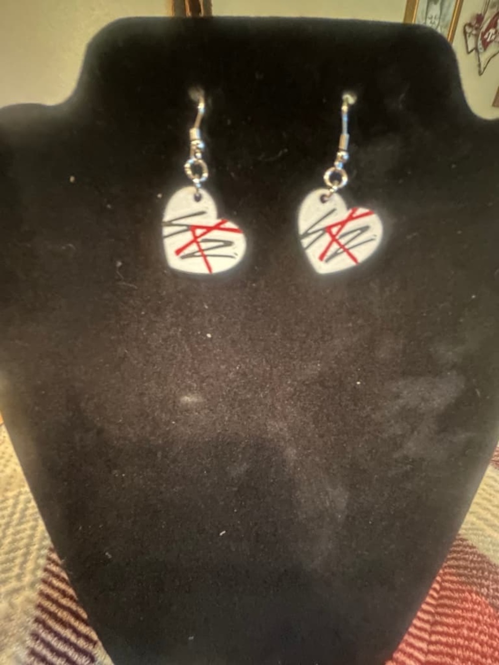 Heart Dangle Earrings in White with Red & Black Accent